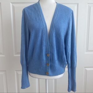 St. John Blue Ribbed Knit Wool Blend Cardigan